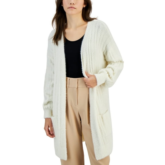 Juniors' Eyelash Ribbed Open-Front Cardigan Blizzard White XS