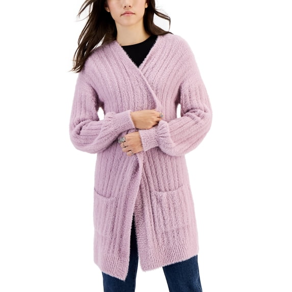 Juniors' Eyelash Ribbed Open-Front Cardigan Dusty Lilac XL