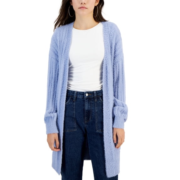 Juniors' Eyelash Ribbed Open-Front Cardigan Frozen Peri M