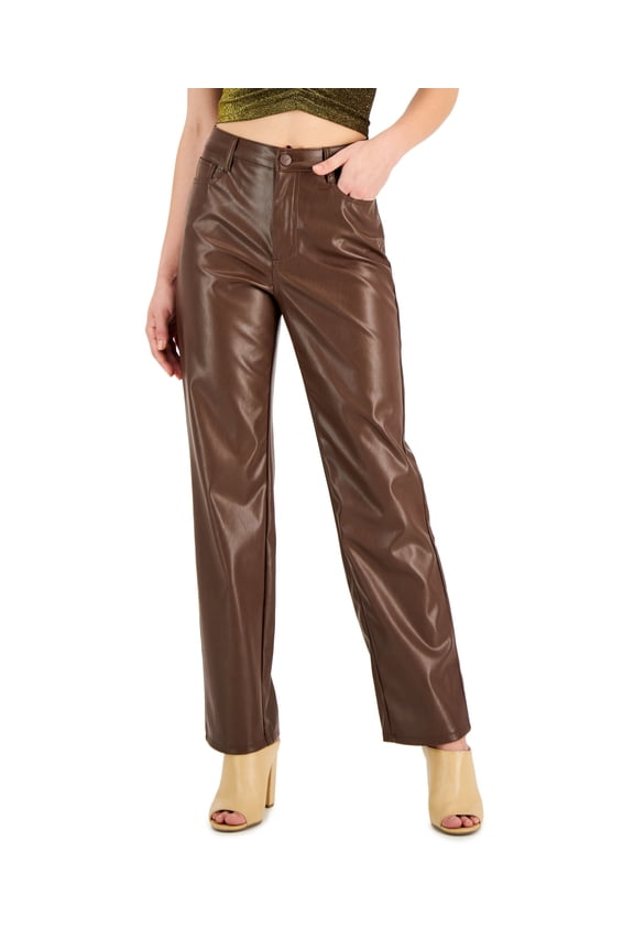 Juniors' Faux-Leather High-Rise Wide-Leg Jeans Brown 5