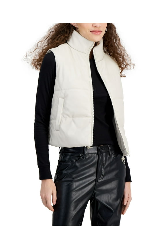 Juniors' Faux-Leather Puffer Vest Sand M