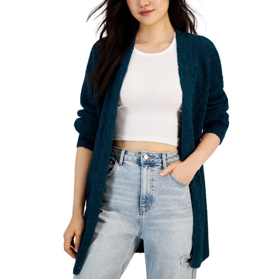 Juniors' Fisherman-Knit Open-Front Long Cardigan Teal Building XL