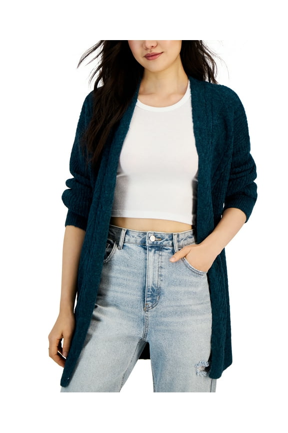 Juniors' Fisherman-Knit Open-Front Long Cardigan Teal Building XL