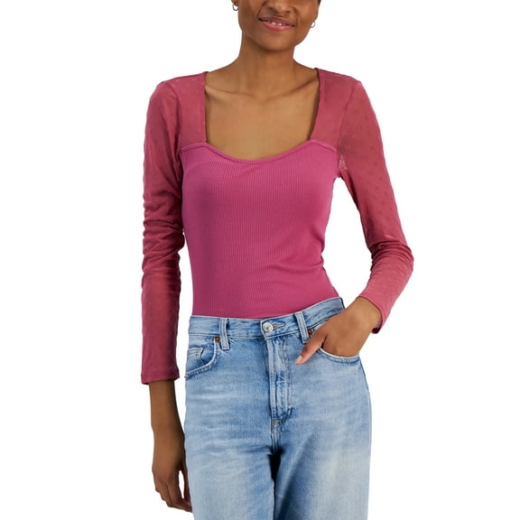 Juniors' Flocked Illusion Mesh-Sleeve Top Rose Berry M