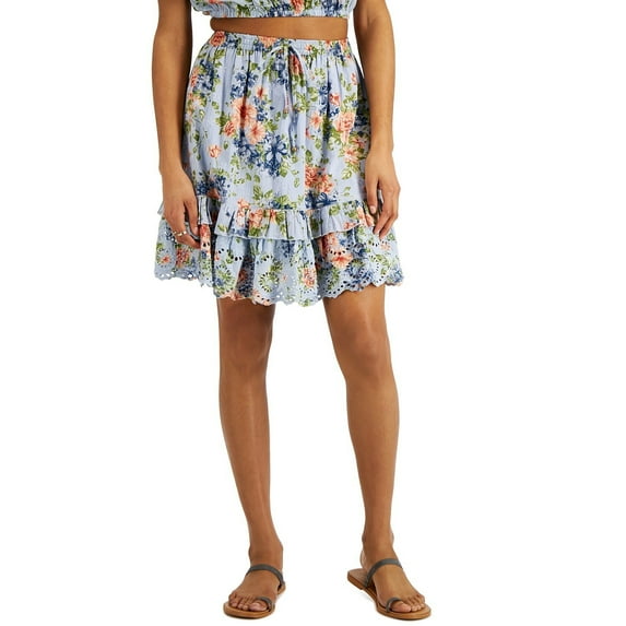 Angie Juniors' Floral-Print Cotton Skirt Blue Floral Medium B4HP