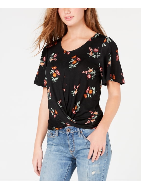 Juniors' Floral-Print Twist-Front Top Blacks Black Combo XXL