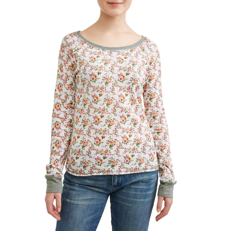 Juniors' Floral Printed Long Sleeve Thermal T-Shirt