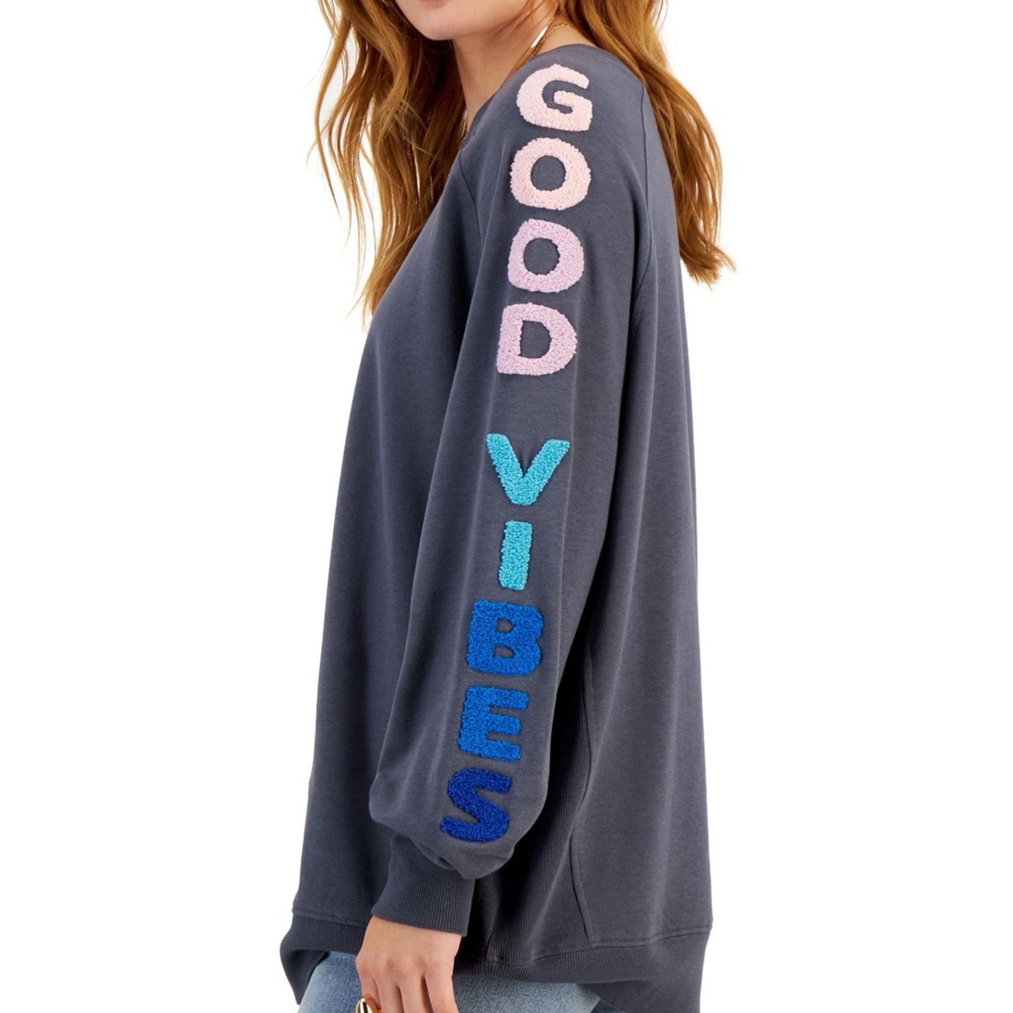 REBELLIOUS ONE Womens Good Vibes Sweatshirt, Grey, Juniors, X-Large