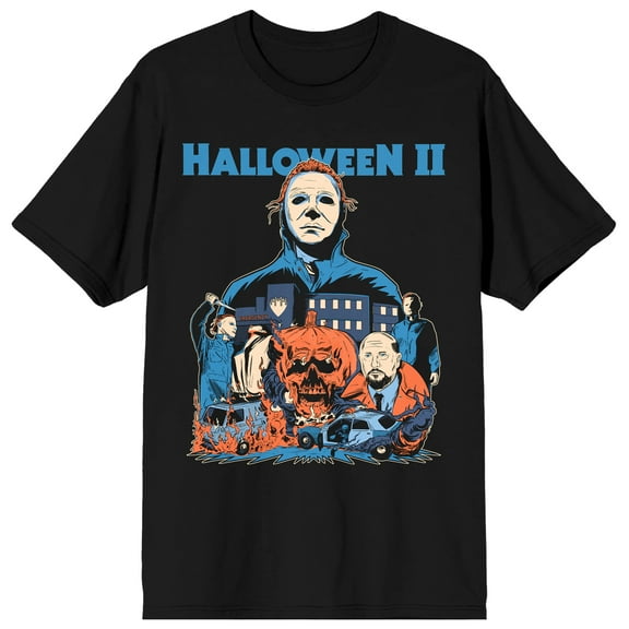 Halloween II Michael Myers, Samuel Loomis, Pumpkin skull, City and Cars Illustration style on Black Short Sleeve Adult T-Shirt-XS