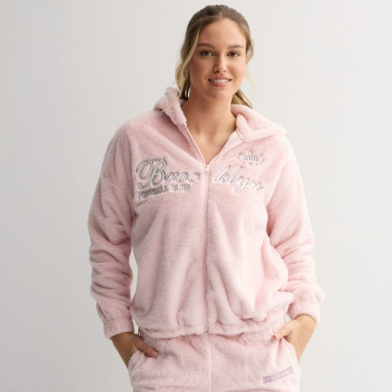 Juniors' Harper & Ivy Faux Fur Zip-Up Hoodie Color: Chalk Pink Size: MEDIUM