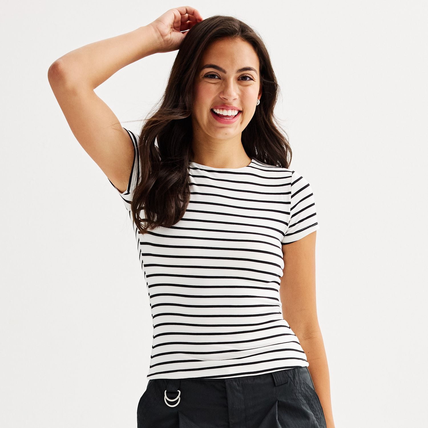 Color Corew T Juniors' Harper & Ivy Short Sleeve Contour Crew Tee Color: Ivory Stripe ...