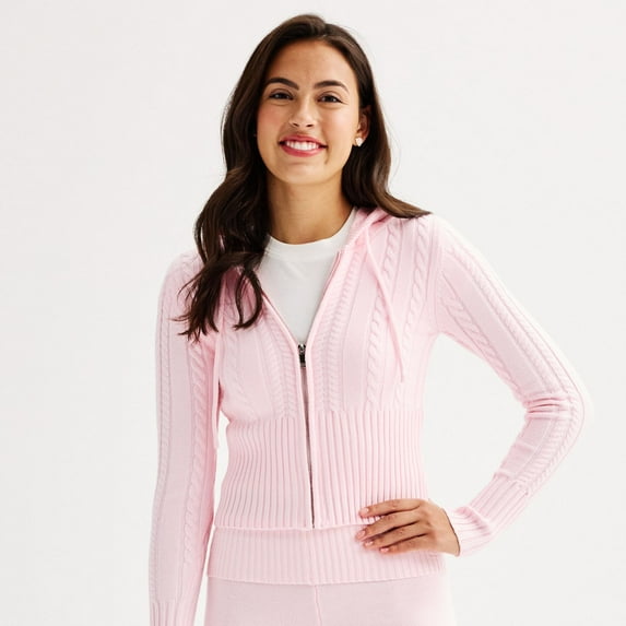 Juniors' Harper & Ivy Zip-Up Hooded Sweatshirt Color: Chalk Pink Size: MEDIUM