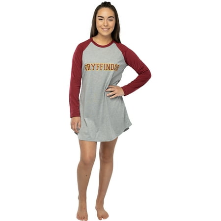 Harry Potter Nightgown Junior Womens' Hogwarts Houses Pajama Long-Sleeve Raglan Sleep Shirt