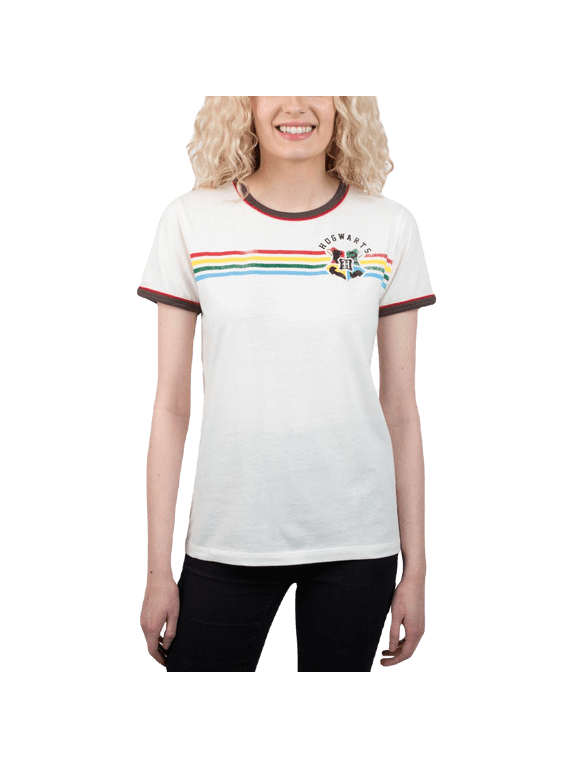 Juniors' Harry Potter Hogwarts Rainbow Stripe Ringer T-Shirt-Medium