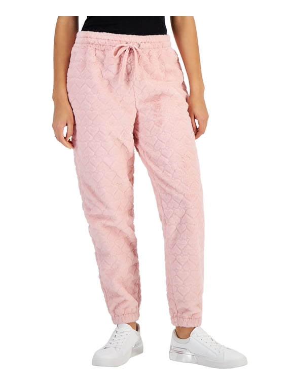 Juniors' High-Rise Faux-Fur Embossed Joggers Silver Pink Heart M