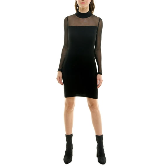 Juniors' Illusion Mock Neck Bodycon Sweater Dress Black XS
