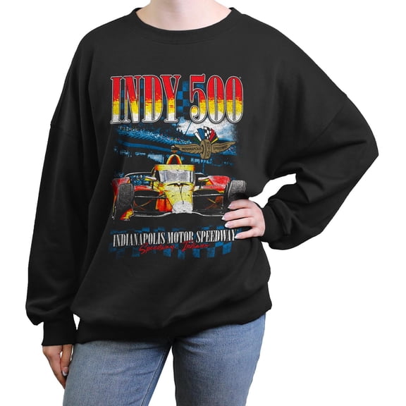Juniors Indy 500 Distressed Red and Yellow Racing Car Sweatshirt