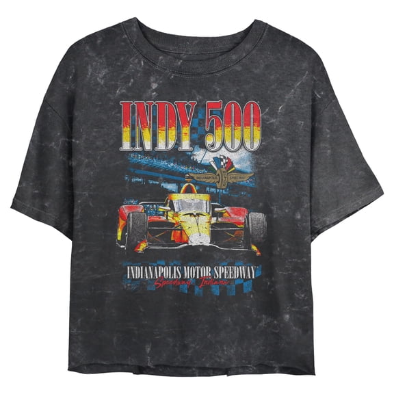 Juniors Indy 500 Distressed Red and Yellow Racing Car T Shirt