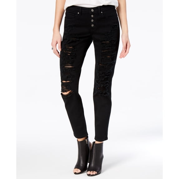 Juniors' Jamie Ripped Cuffed Relaxed Fit Girlfriend Jeans Caviar 15