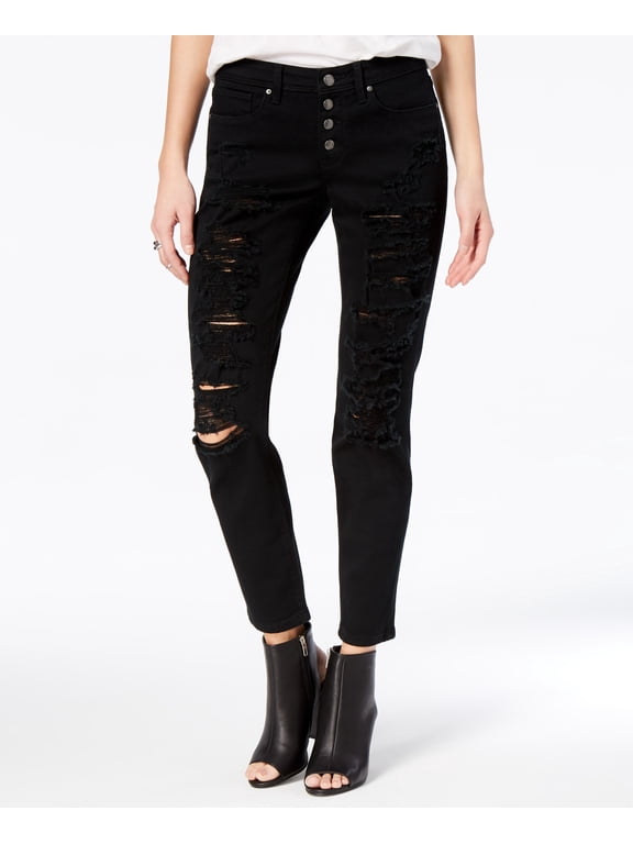 Juniors' Jamie Ripped Cuffed Relaxed Fit Girlfriend Jeans Caviar 5
