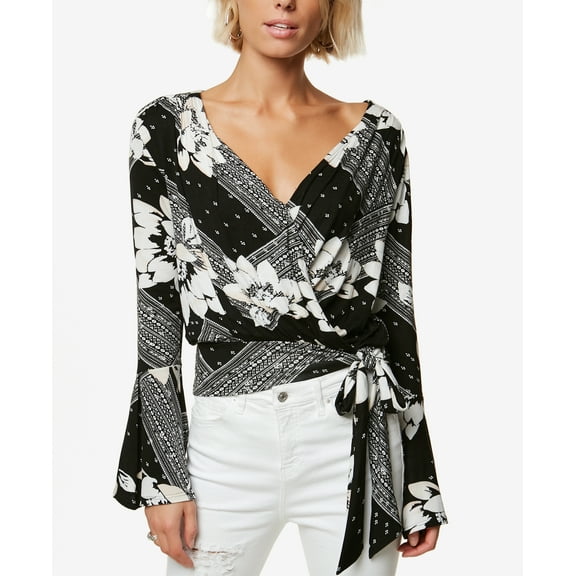 Juniors' Jude Printed Wrap Top Black M