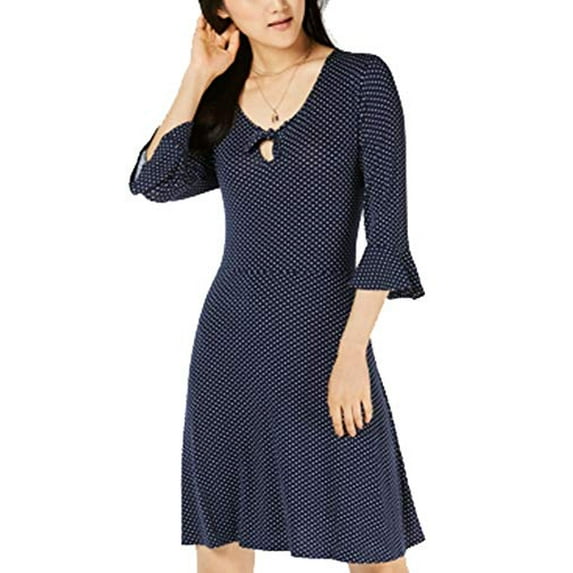 Juniors' Keyhole Printed Bell-Sleeve Dress Micro Dot M