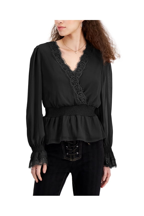 Juniors' Lace-Trim Bell-Sleeve Peasant Top Black M