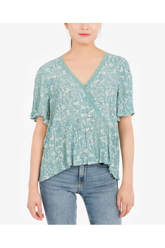 Juniors' Lace-Trim Floral Peplum Top Sage Floral XS