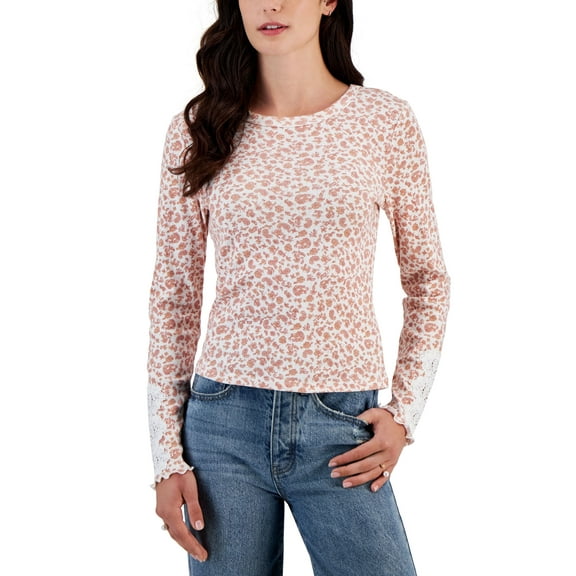 Juniors' Lace-Trim Long-Sleeve Top Cream Ditsy S