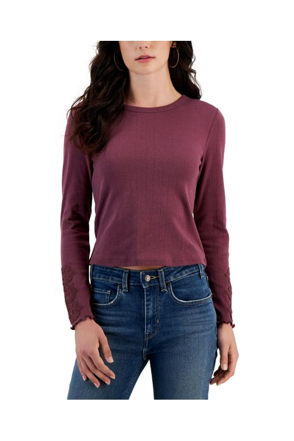 Juniors' Lace-Trim Long-Sleeve Top Deep Plum XL