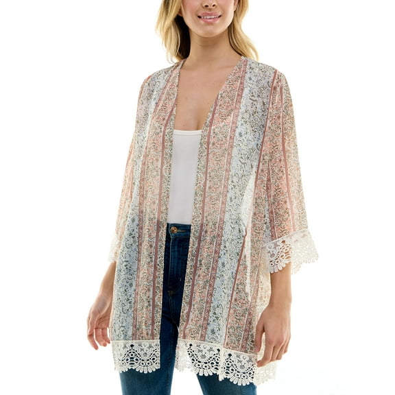 Juniors' Lace-Trim Printed Kimono Floral Multi S