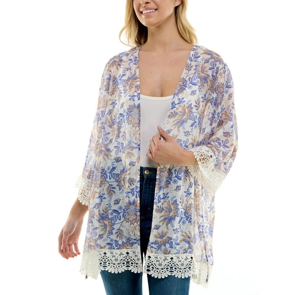 Juniors' Lace-Trim Printed Kimono Stripe Multi S