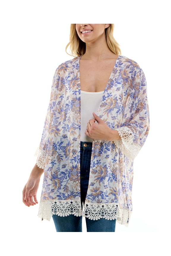 Juniors' Lace-Trim Printed Kimono Stripe Multi S