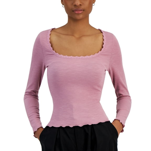 Juniors' Lace-Trime Square-Neck Long-Sleeve Top Mauve Orchid L