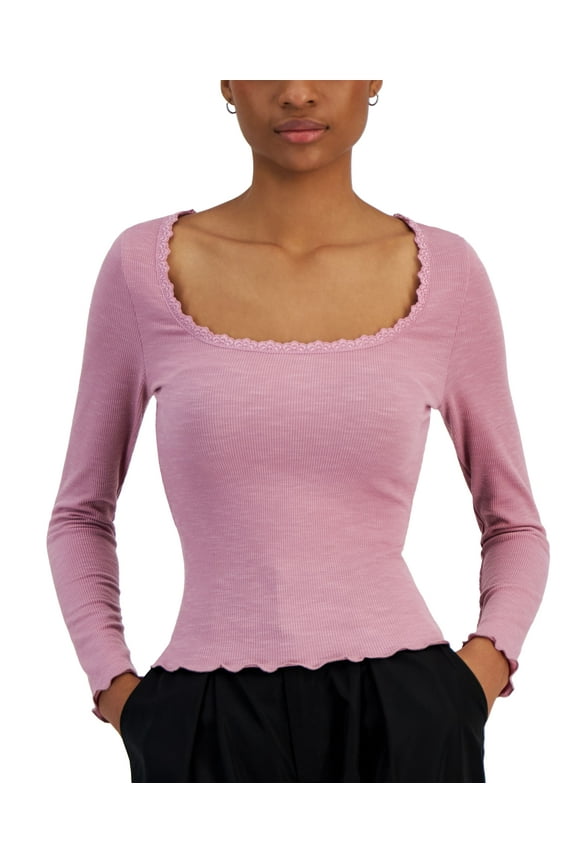 Juniors' Lace-Trime Square-Neck Long-Sleeve Top Mauve Orchid L