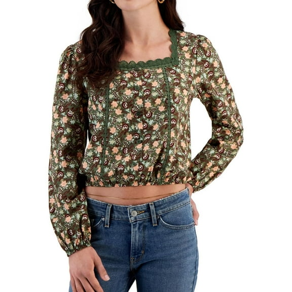 Self E Womens Lace Trim Knit Blouse, Green, Small