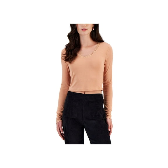 Juniors' Lace-Trimmed V-Neck Ribbed Top Cork XL