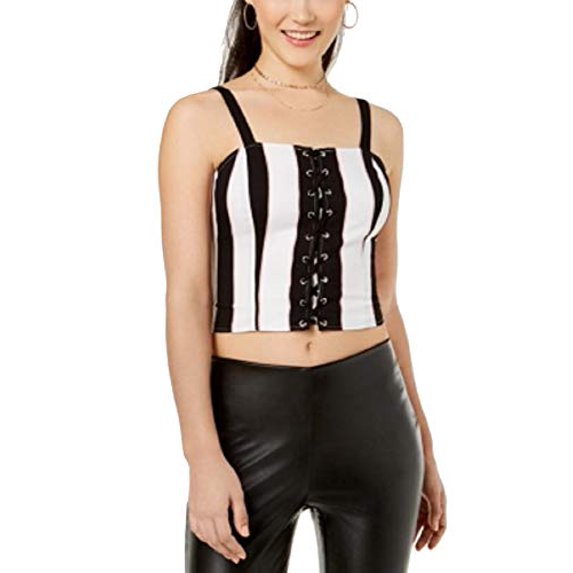 Juniors' Lace-Up Crop Top Caviar Black Combo L