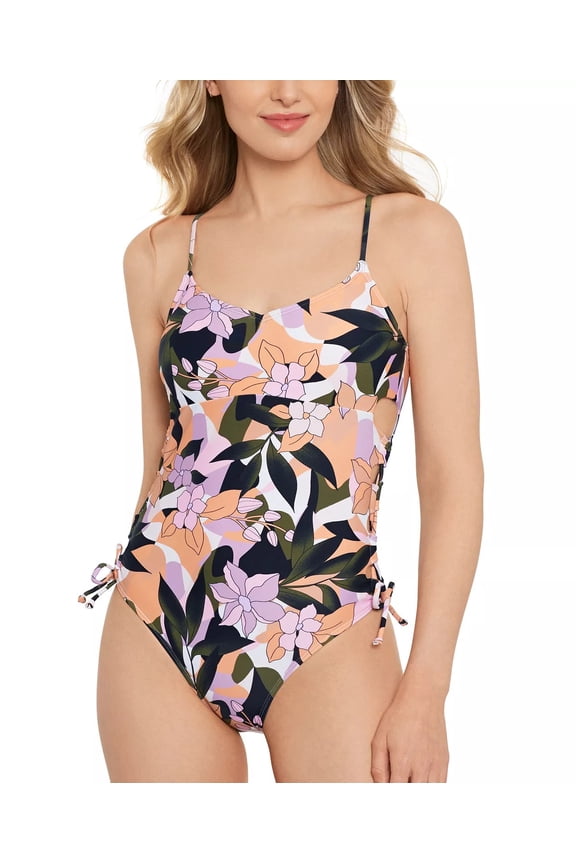 Juniors' Lace-Up-Side One-Piece Swimsuit Flora-Flauge S