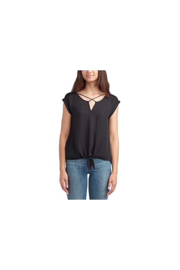 Juniors' Lattice-Detail Split-Neck Pullover Top Black XL