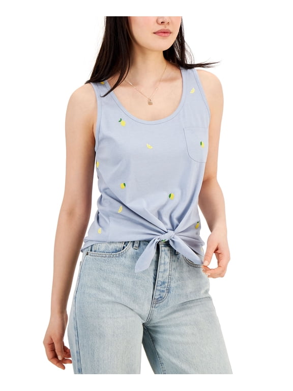 Juniors' Lemon-Graphic-Print Tie-Hem Tank Top Dusty Blue Mini Lemon Print L