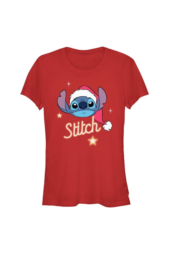 Juniors Lilo & Stitch Christmas Hat Portrait Stars Stitch T Shirt