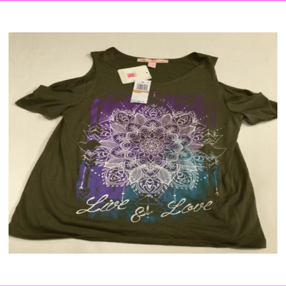 Juniors' Live Love Cold-Shoulder Graphic T-Shirt Green Olive S