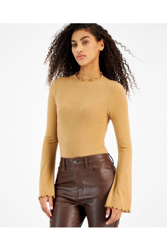 Juniors' Long Bell-Sleeve Ribbed Bodysuit Camel S