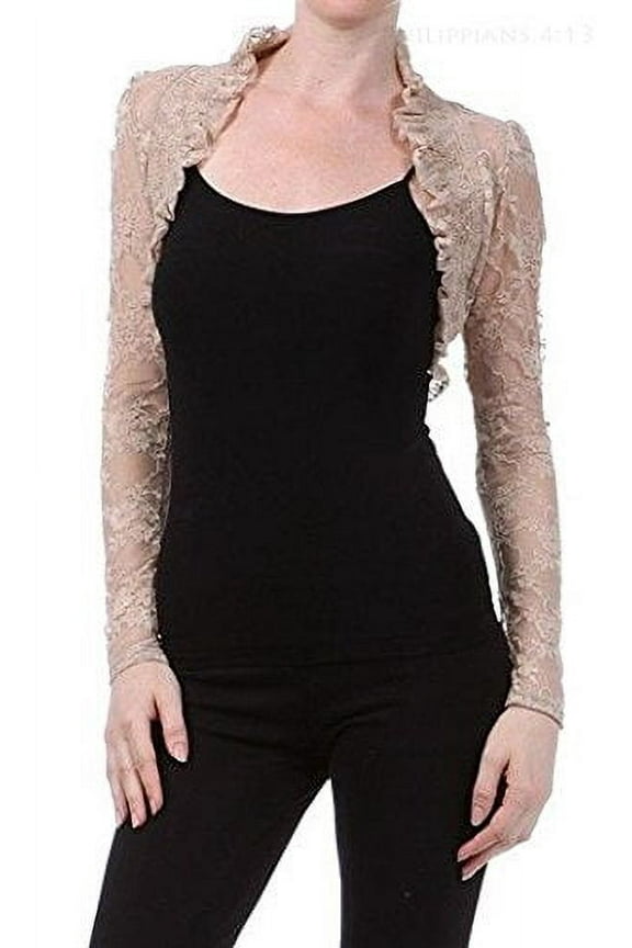 Juniors Long Sleeve Lace Smoked Shrug Bolero, Cropped Jacket Short Cardigan (Juniors' Large, Taupe)