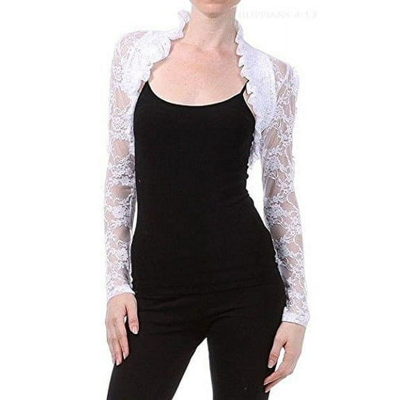 Juniors Long Sleeve Lace Smoked Shrug Bolero, Cropped Jacket Short Cardigan (Juniors' Small, White)