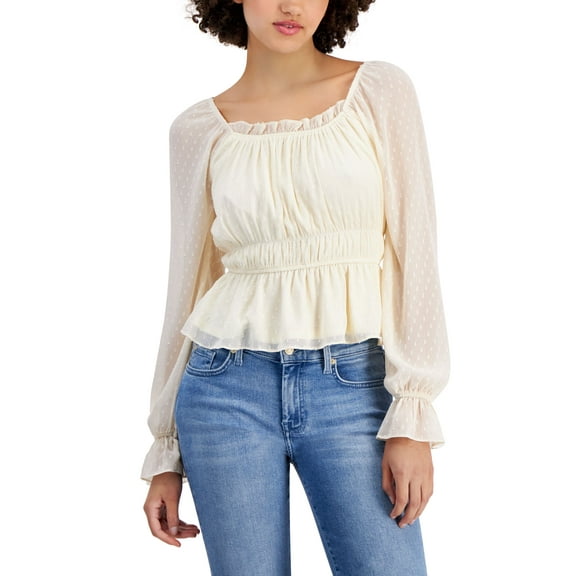 Juniors' Long-Sleeve Ruched Peplum Top Whitecap Grey XS