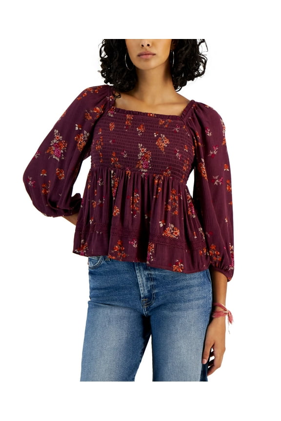 Juniors' Long Sleeve Square-Neck Smocked Top Plum Floral L