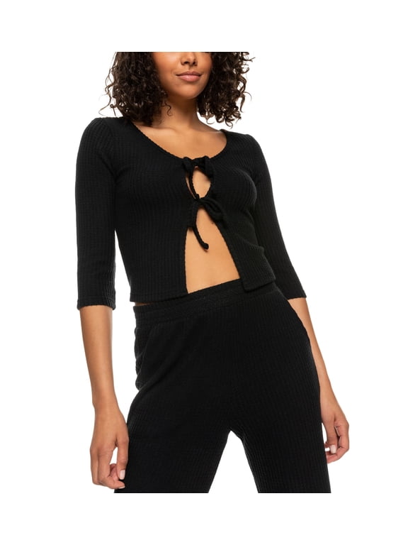 Juniors' Looking Good Thermal Tie-Front Cardigan Anthracite M