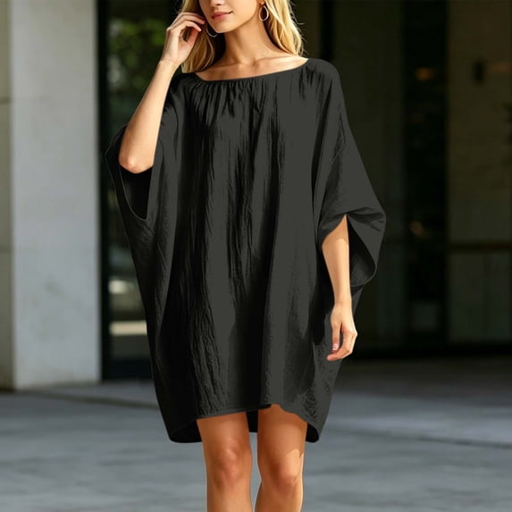 Juniors Loose Fit Crew Neck Dresses for Women 3/4 Dolman Sleeve Midi Casual Basic Fall Summer Dresses 2026 Clothing Country Concert Y2K